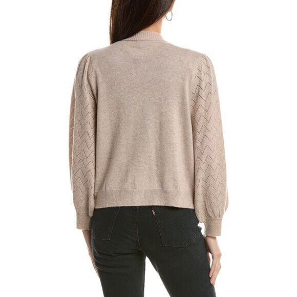 NWT Two Bees Cashmere Wool Taupe Pointelle Puff Slv V-Neck Cardigan Sweater XS - Picture 2 of 11